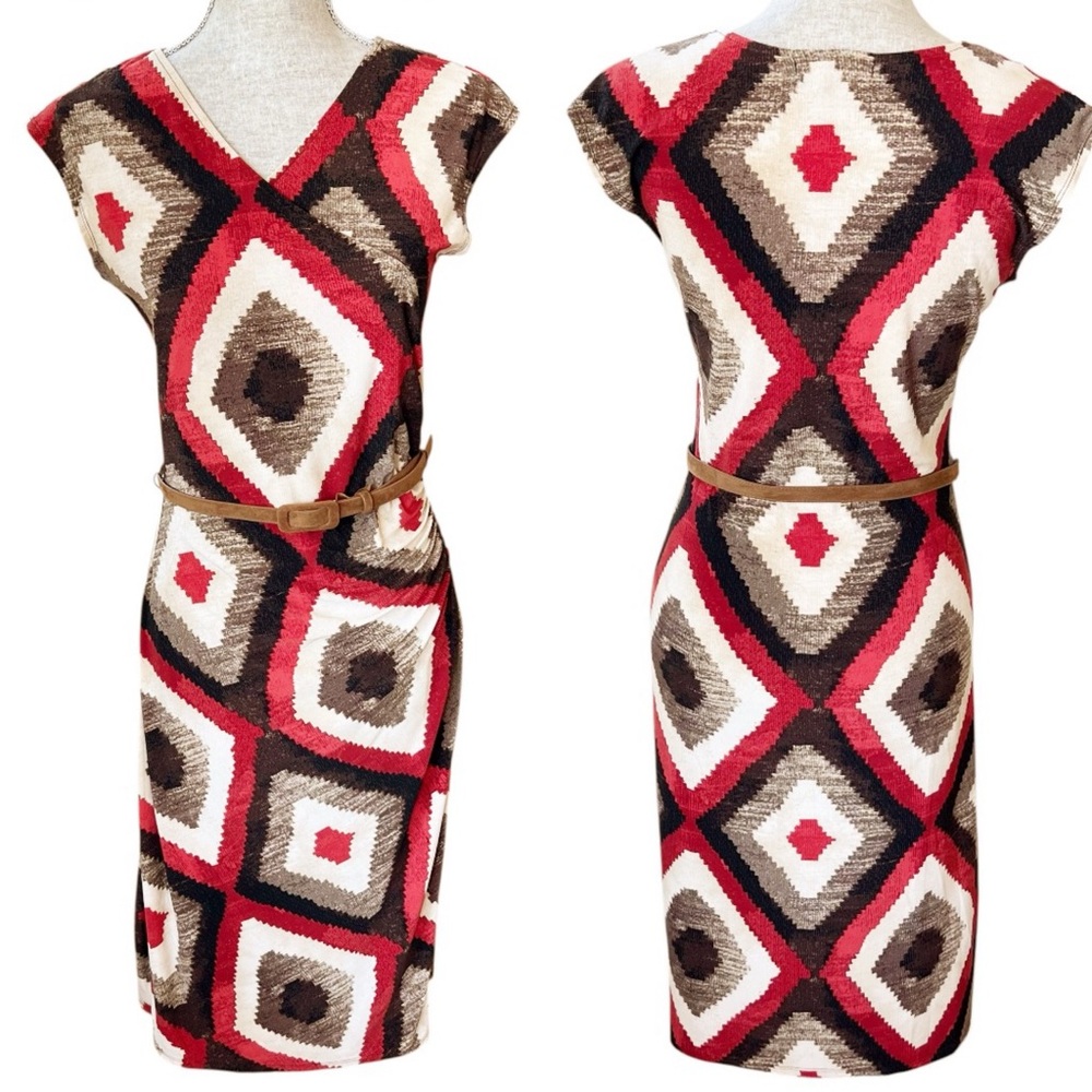 Ralph Lauren LRL Belted Faux Wrap Aztec Southwest Geometric Sheath Dress Medium